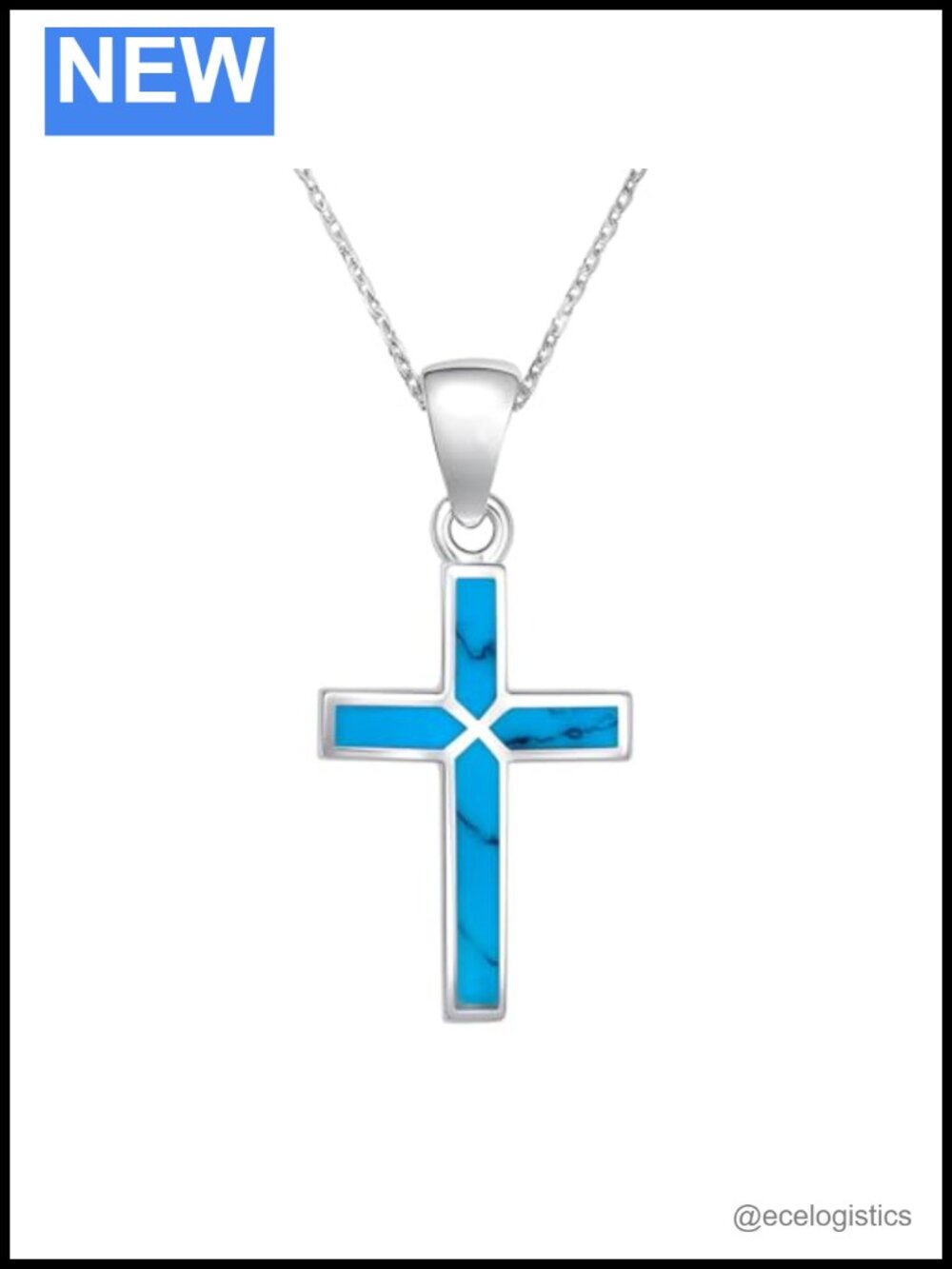 Sterling Silver Reconstructed Turquoise Cross Pendant Necklace 18"